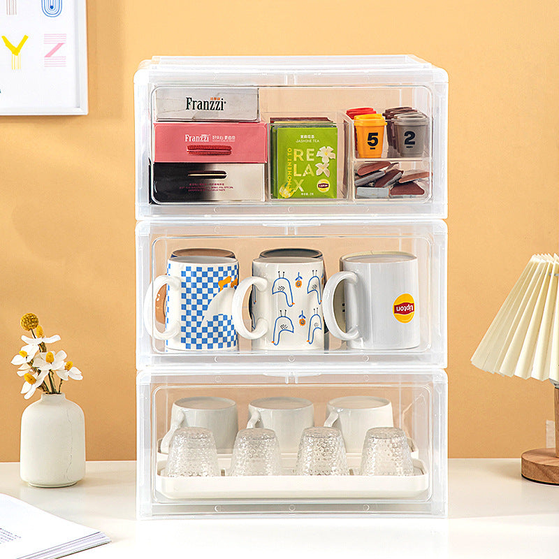 Desktop flip cover dust cup storage box plastic can be stacked water cup rack glass cup holder tea bag storage