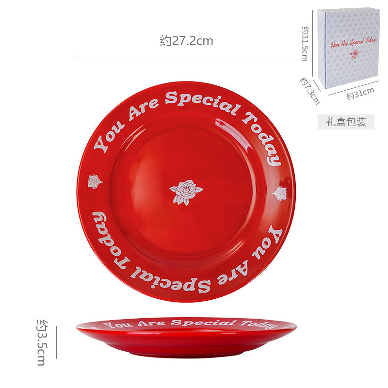 Rose red ceramic plate - new arrival: high-style dessert plate, steak plate, plating plate, home tableware, holiday gift box set