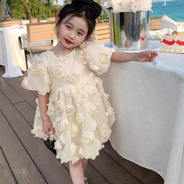 【clearance】girls' summer dress: new, stylish rose-embellished, fairy-tale bubble sleeve princess tutu dress