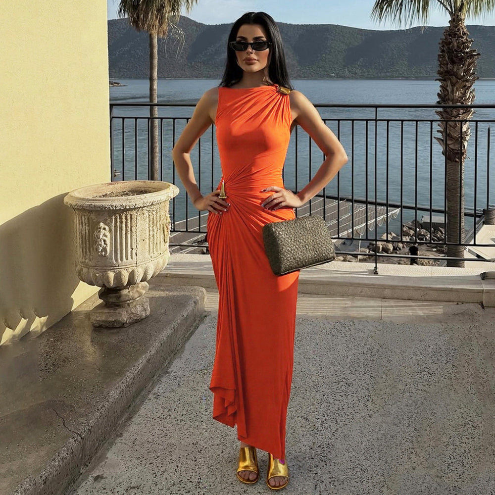 new european and american cross-border women's fashion sexy slim-fit metallic embellished bodycon pleated sleeveless dress