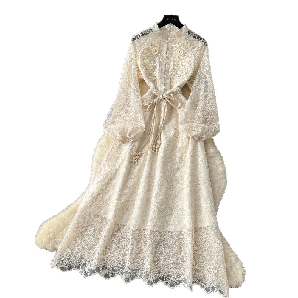 French chic luxury: exquisite embellished floral embroidered mesh dress - autumn tie-waist maxi dress