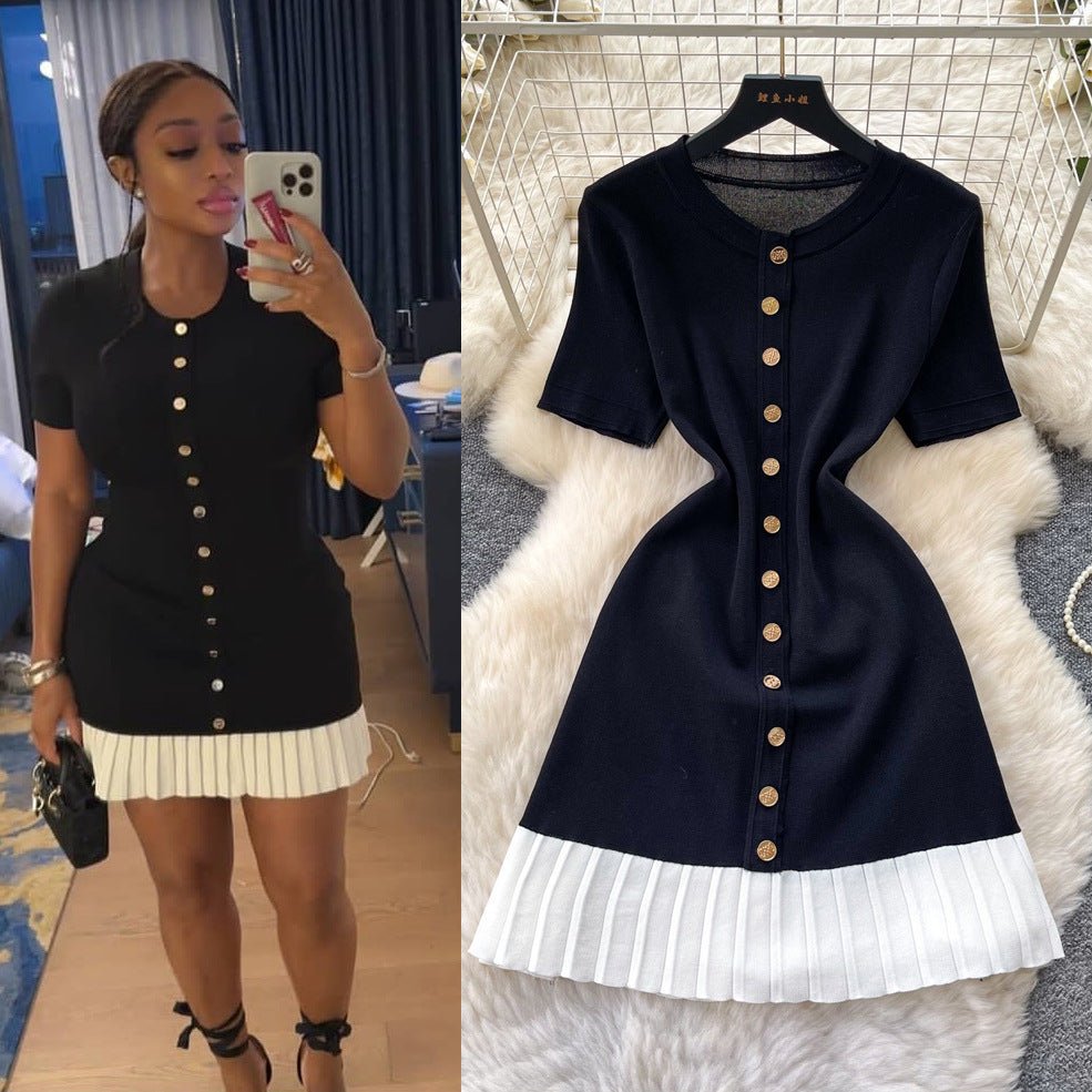 French chic sweet knit round neck dress - women's summer high-end black short sleeve ruffle hem work dress
