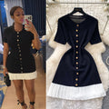 French chic sweet knit round neck dress - women's summer high-end black short sleeve ruffle hem work dress