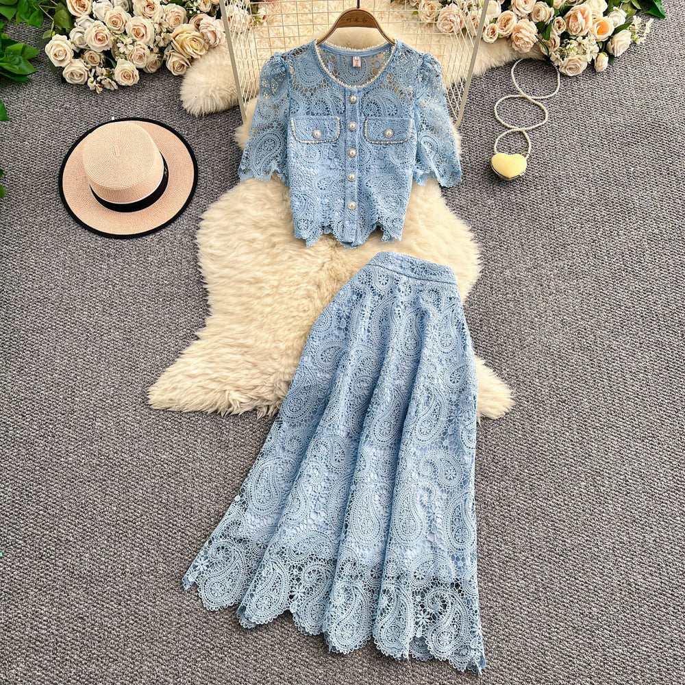 Elegant age-reducing heavy industry laceembroider round neckshirtsense of designsingle breastedtopstwo-piece sethigh waist skirt
