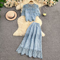 Elegant age-reducing heavy industry laceembroider round neckshirtsense of designsingle breastedtopstwo-piece sethigh waist skirt