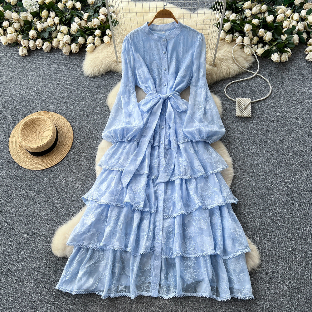 French chic lace patchwork tie-waist ruffle hem dress - women's autumn slimming elegant maxi dress