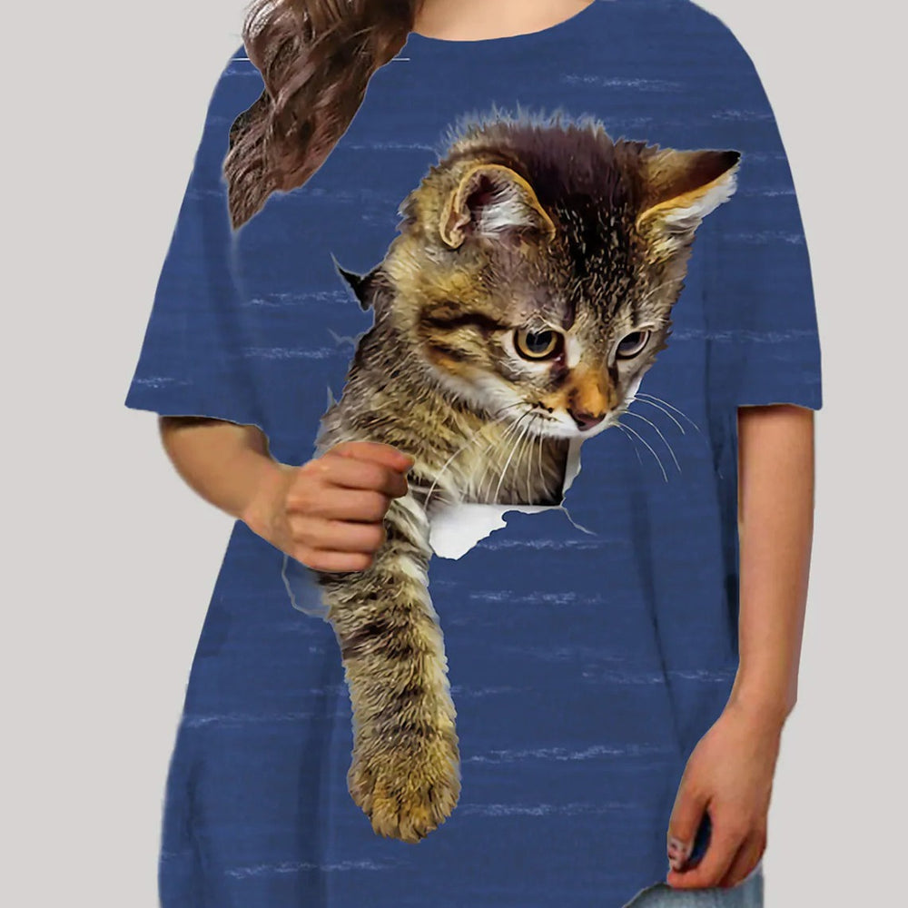 cross-border   plus size women's cute cat 3d digital print short sleeve loose crew neck t-shirt