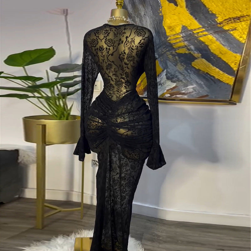 European and american cross-border women's fashion:  autumn new arrivals - sexy sheer round neck ruched print dress with camisole two-piece set