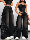 American retro distressed workwear loose jeans women's raw edge star patch multi-flap pocket pantshigh waistdraped floor length pants
