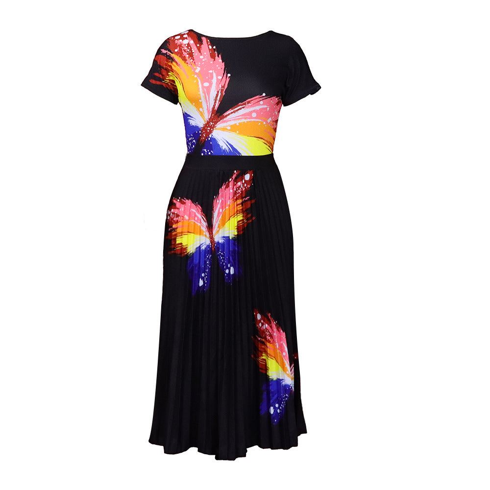 D298exportplus size women's summer fashionelegantprinting short-sleeved tops pleated large hem skirt africansuit