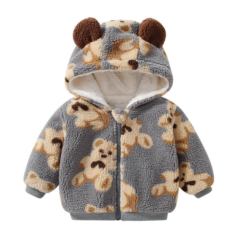 Kids' fleece-lined thickened outerwear, baby warm outdoor clothes,  autumn/winter cartoon bear hooded baby clothing