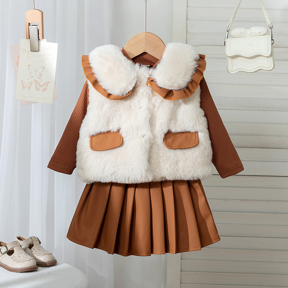 fall/winter cross-border fashion: european & american style girls' fuzzy vest + knitted top + pleated mini skirt three-piece set
