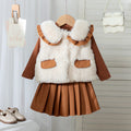 fall/winter cross-border fashion: european & american style girls' fuzzy vest + knitted top + pleated mini skirt three-piece set