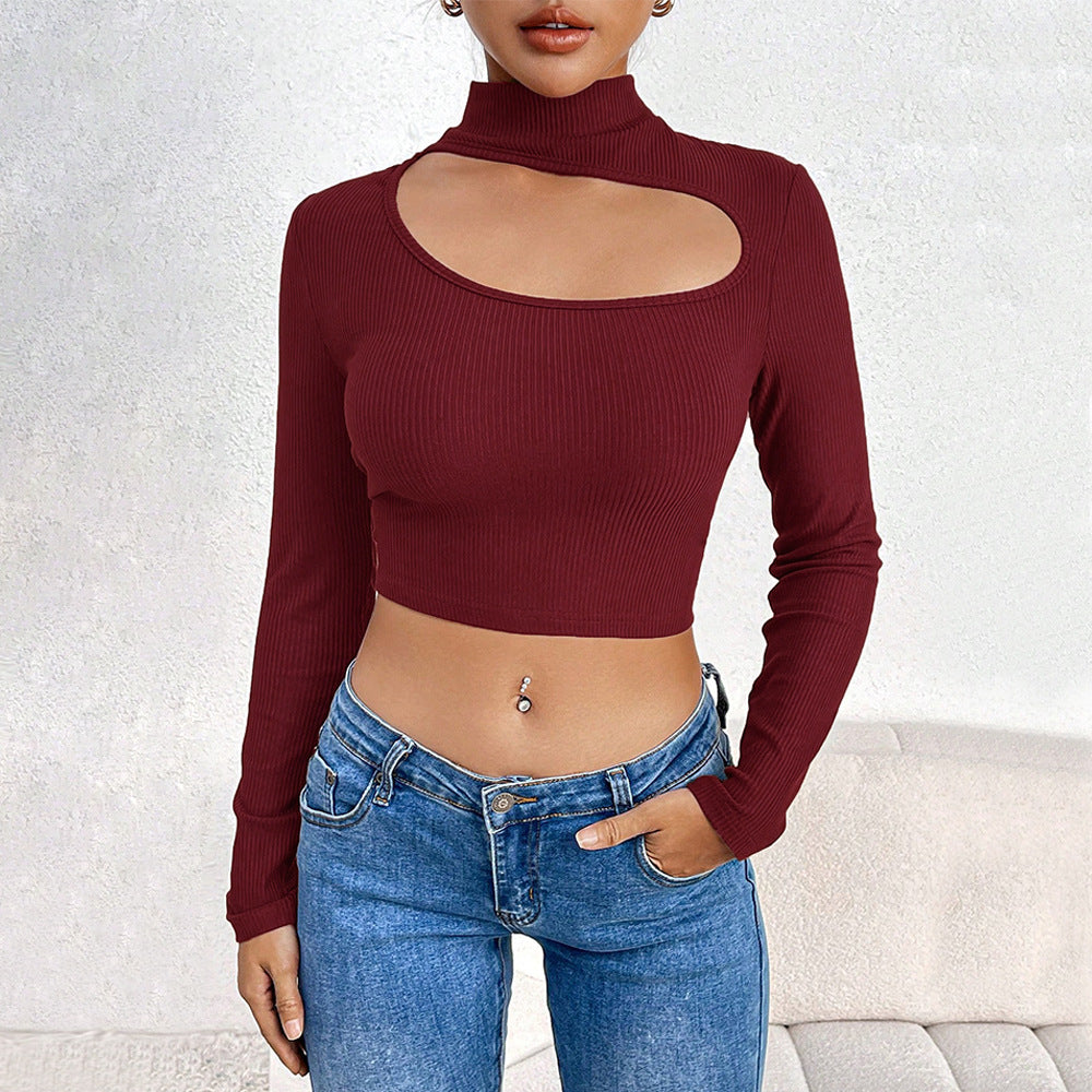 Cross-border European and American women's clothing 2024 autumn and winter design sense hollow semi-turtleneck long-sleeved bottoming shirt with knitted top