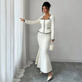 european and american new arrival: white and black color block chanel-inspired two-piece set - square neck cropped jacket with high-waisted bodycon fishtail skirt