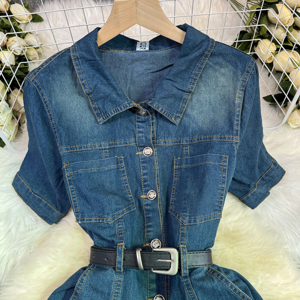 Dark blue denim dress women's summerretro single-breasted lapel waist strap slimming look a-line mid-length skirt
