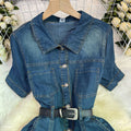 Dark blue denim dress women's summerretro single-breasted lapel waist strap slimming look a-line mid-length skirt