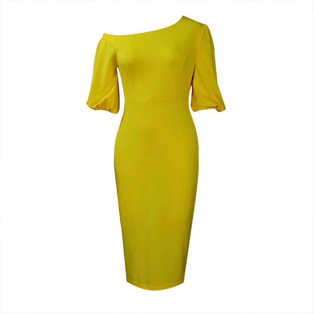 D218 european and american women's clothing  summer new arrival solid color one-shoulder puff sleeve ol style elegant plus size cross-border dress