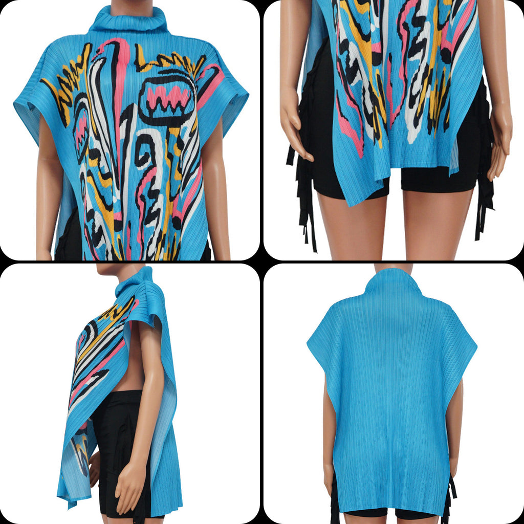 Europe and the United States  fashion women's clothing Miyake wind pleated blouse printed turtleneck loose top to customize