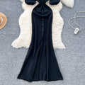 Classy sense of nichefashionablecontrast colorpolo collar puff sleeve dress female summerfrench waist knitting long skirt