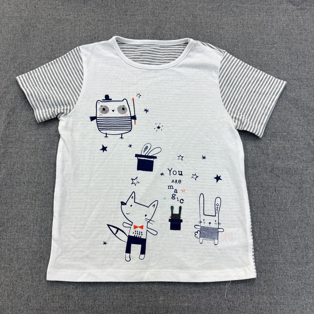 Infant & toddler striped short-sleeve t-shirt with magic fox & owl cartoon print - breathable, 100% cotton crew neck top
