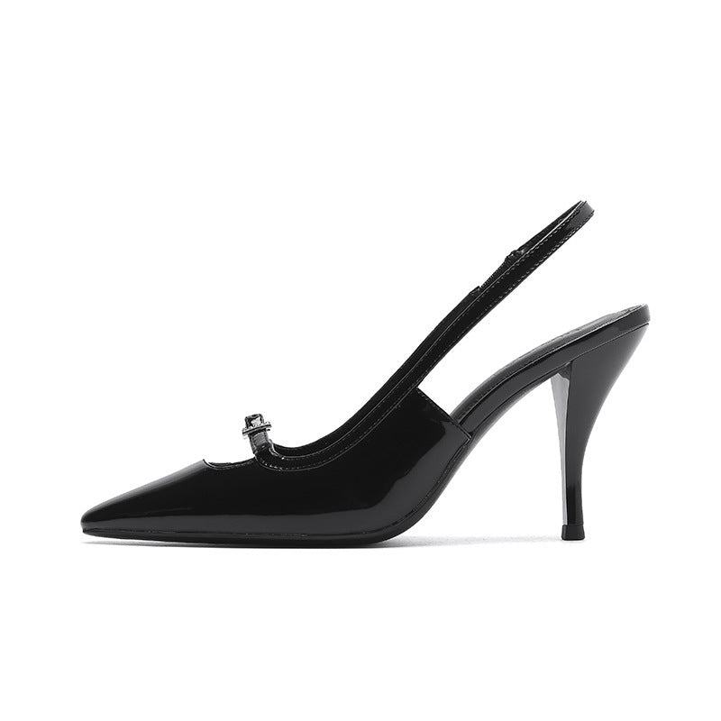 2026 baotou high heels women's stiletto square toe flats park chae young same style shoes black patent leather high heels slimming look