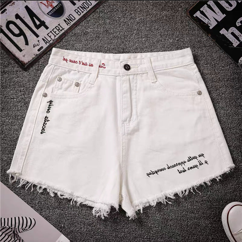 Mustache edge denim shorts women's k-stylework clothingfashionembroidered washed loose pants high waistloosejeans