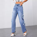 Export star jeans for women new arrival independent station ripped and worn straight-leg pants high waist washed jeans