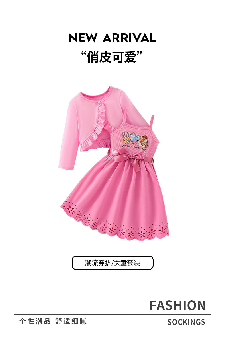 Autumn kids' cute dress set: suspender dress with ruffle trim, knitted open collar, cat pattern, girls' two-piece outfit