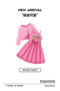 Autumn kids' cute dress set: suspender dress with ruffle trim, knitted open collar, cat pattern, girls' two-piece outfit
