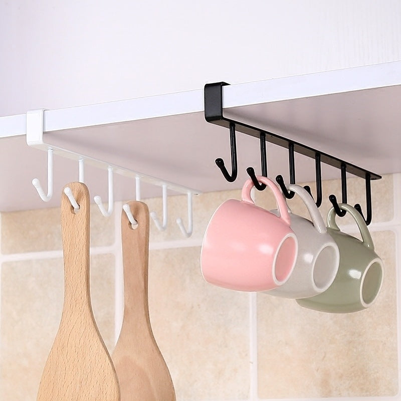 Wrought iron cabinet storage hanger multi-functional hook, wardrobe finishing rack, kitchen water cup non-marking nail-free hook 6 hooks