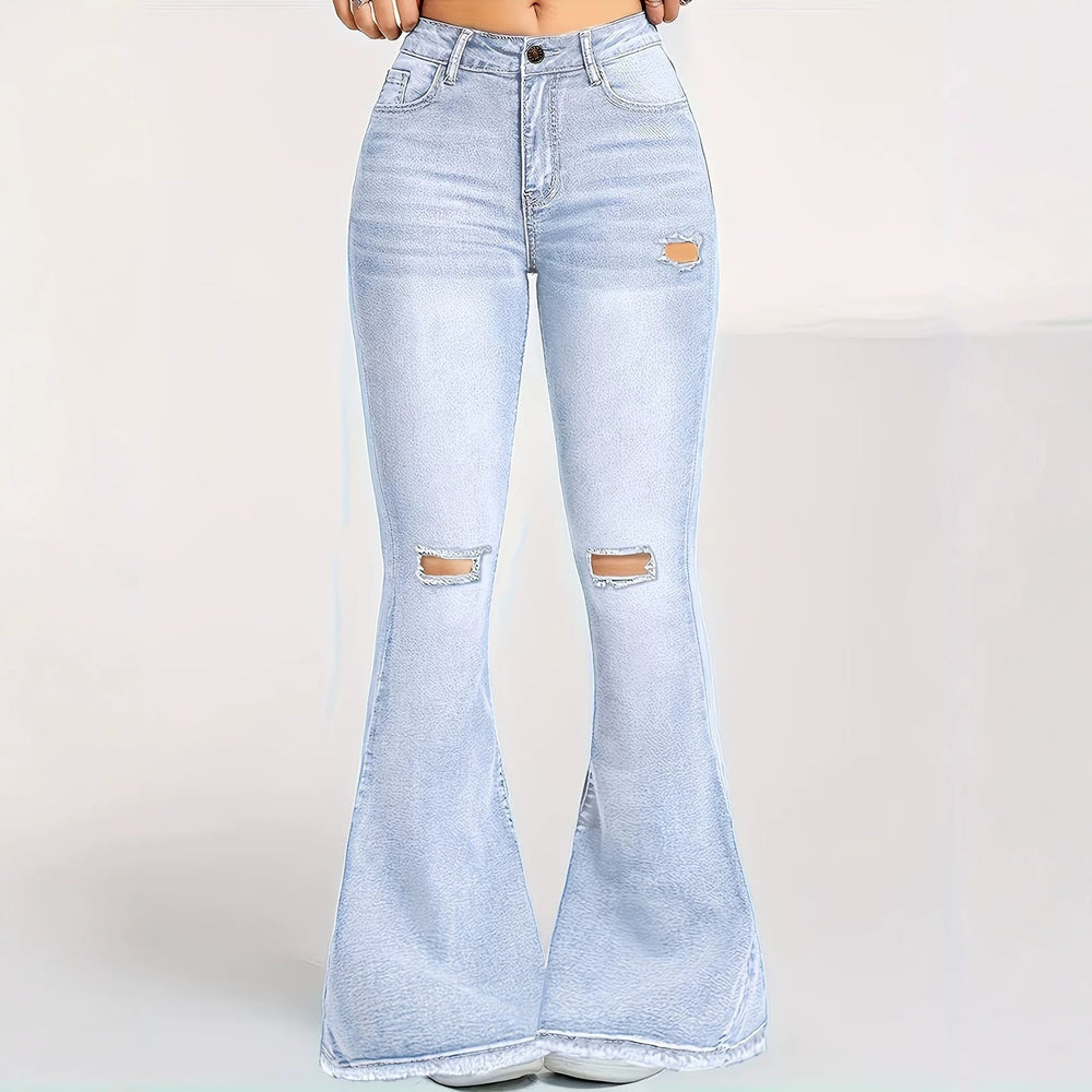 Fashionjeans women's ripped raw edge slightly flared high waist elastic silmslimming look retro washed flared pants spicy