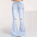 Fashionjeans women's ripped raw edge slightly flared high waist elastic silmslimming look retro washed flared pants spicy