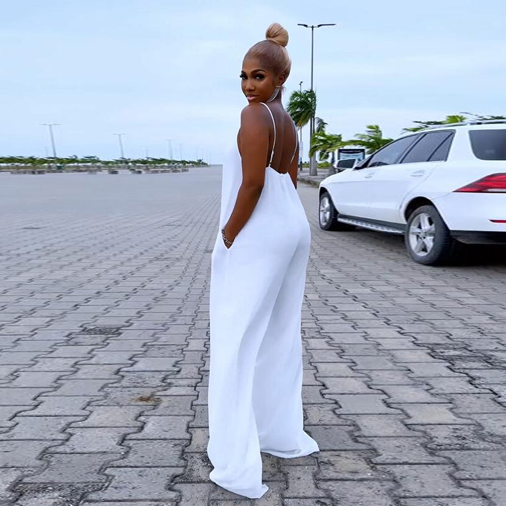 S10573 Hot Sale, European and American, Sexy, Solid Color Wide Leg Casual Suspender Jumpsuit