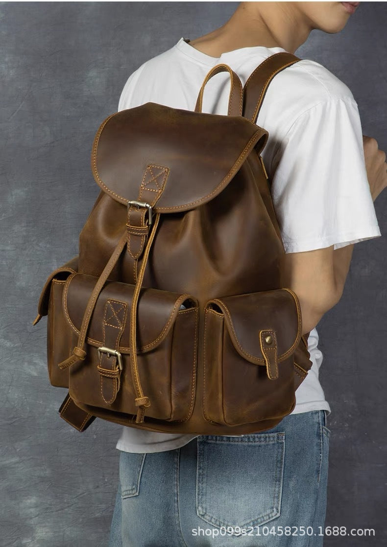 Vintage crazy horse leather backpack - genuine leather rucksack, laptop bag, large capacity travel bag, handmade cowhide business bag