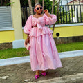 European and american cross-border women's clothing  summer new sweet and cute striped puff sleeve top and high-waisted midi skirt set