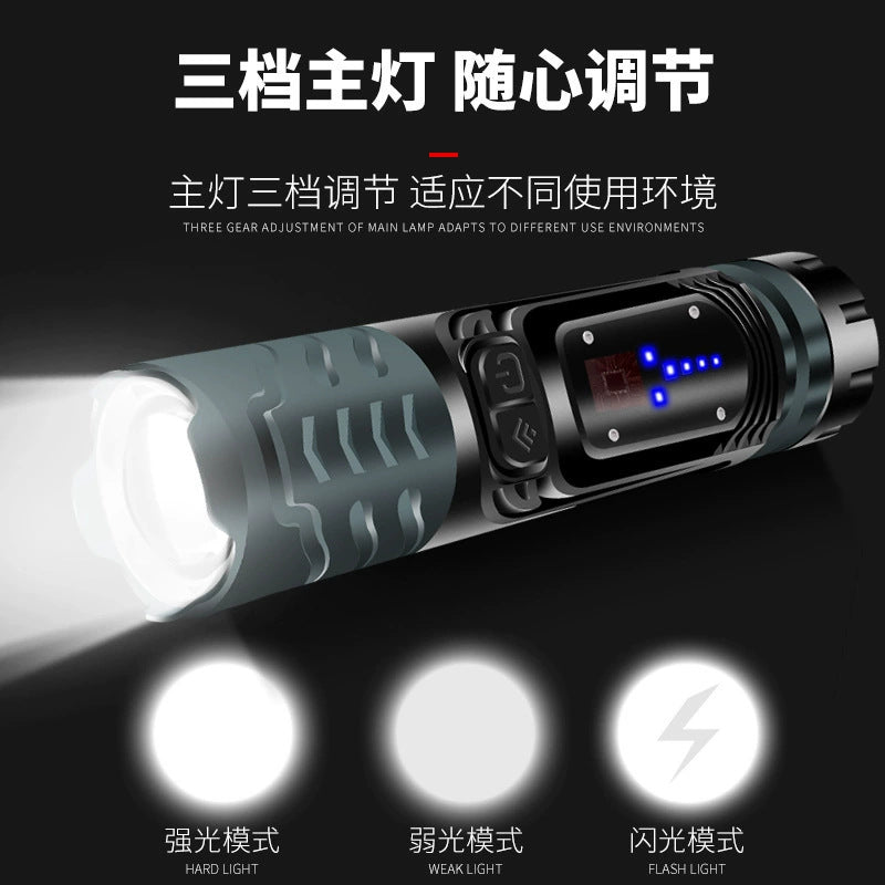 Factory direct sales p90 strong light flashlight multi-function zoom COB with side light usb mobile phone charging window breaker