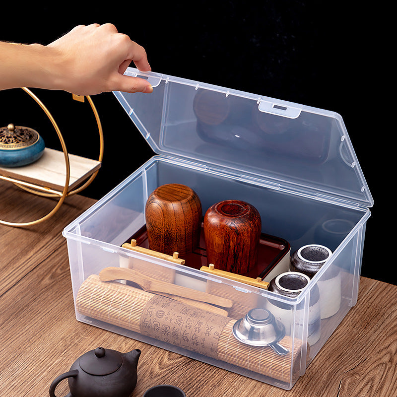 Desktop teacup tea set storage box dust-proof portable plastic transparent storage box with lid processing custom LOGO