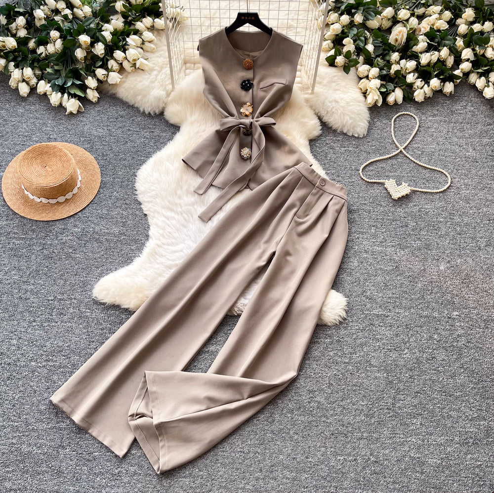 Commute style sleeveless two-piece set for women,  summer collection: high-end tie-waist tank top and high-waisted wide-leg pants set