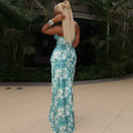 European and american style cross-border fresh women's clothing elegant backless halter bodycon dress - chic blue and white abstract print maxi dress
