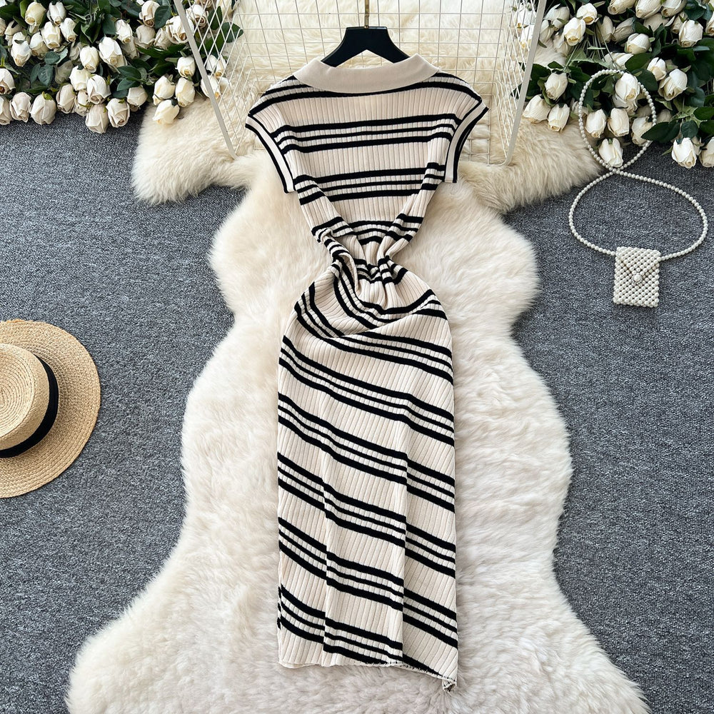 Korean chic summer new arrival: high-end retro polo collar sleeveless fitted bodycon knit dress with diagonal stripes