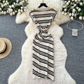Korean chic summer new arrival: high-end retro polo collar sleeveless fitted bodycon knit dress with diagonal stripes