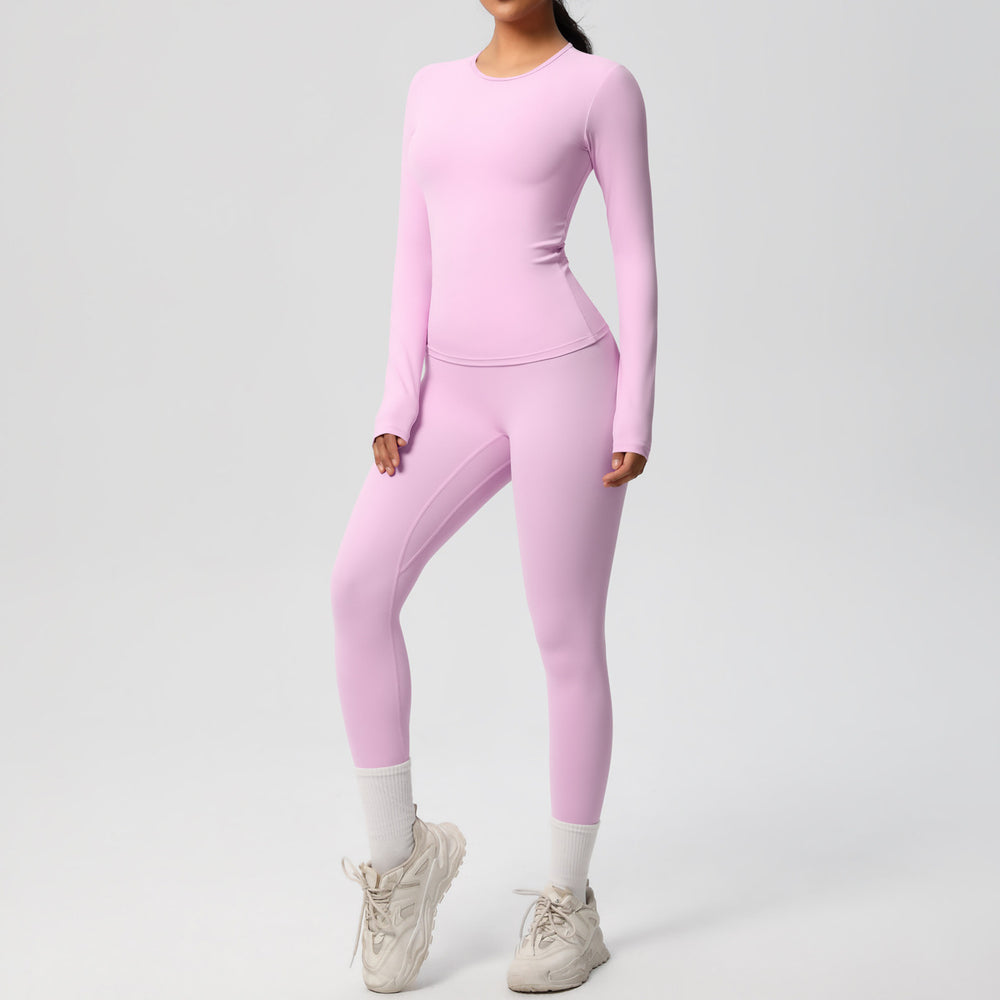 Ready-to-ship cross-border double-sided brushed solid color compression training long sleeve yoga set - activewear running fitness two-piece outfit