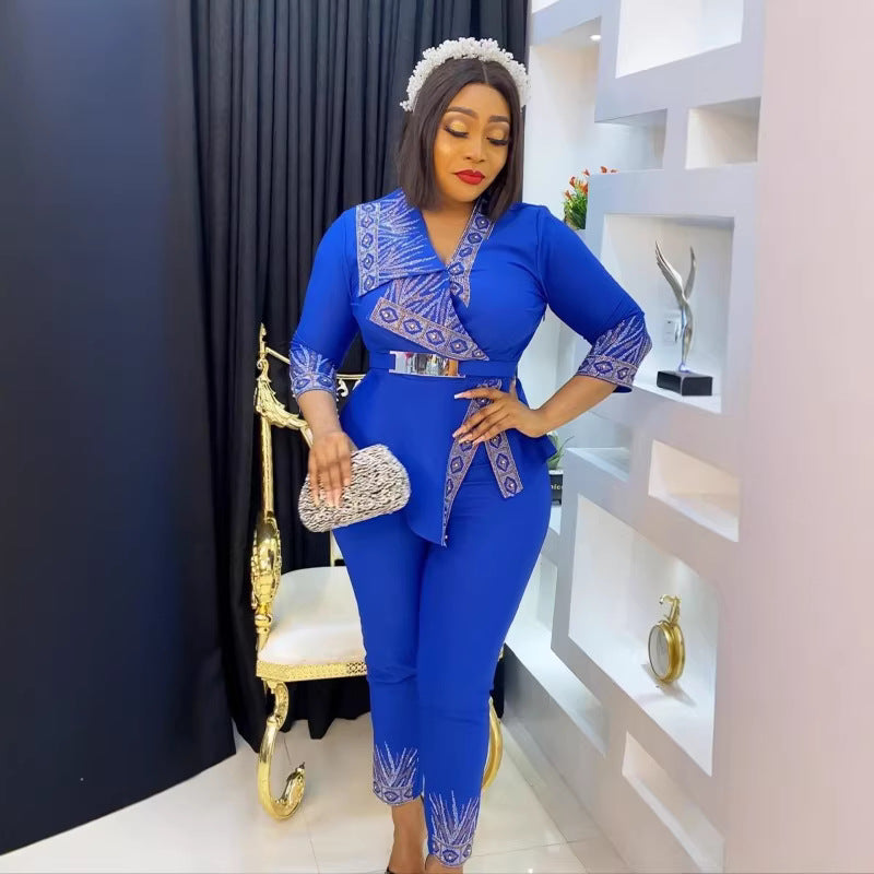 African   new arrival  hot diamond beaded tops pants waist two-piece set olwork clothing women's clothing