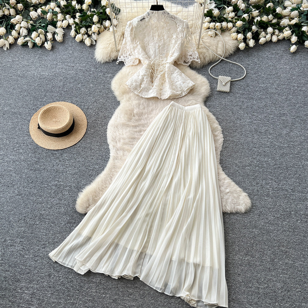 French chic v-neck lace embroidered top & high-waisted pleated skirt two-piece set - elegant & slimming summer outfit