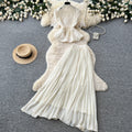 French chic v-neck lace embroidered top & high-waisted pleated skirt two-piece set - elegant & slimming summer outfit