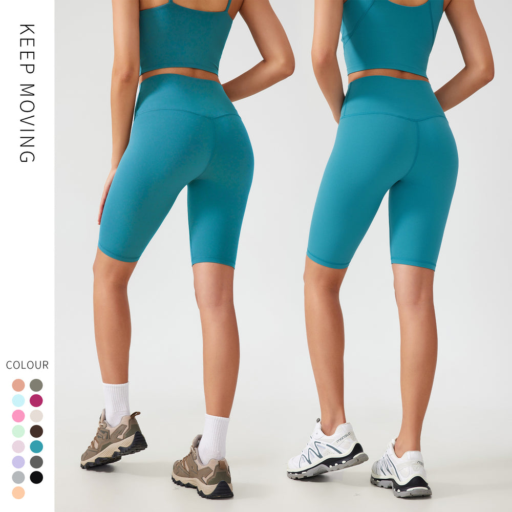 Two-piece yoga outfit set for women: high-waisted, butt-lifting yoga shorts with barely-there, supportive, shock-absorbing sports bra