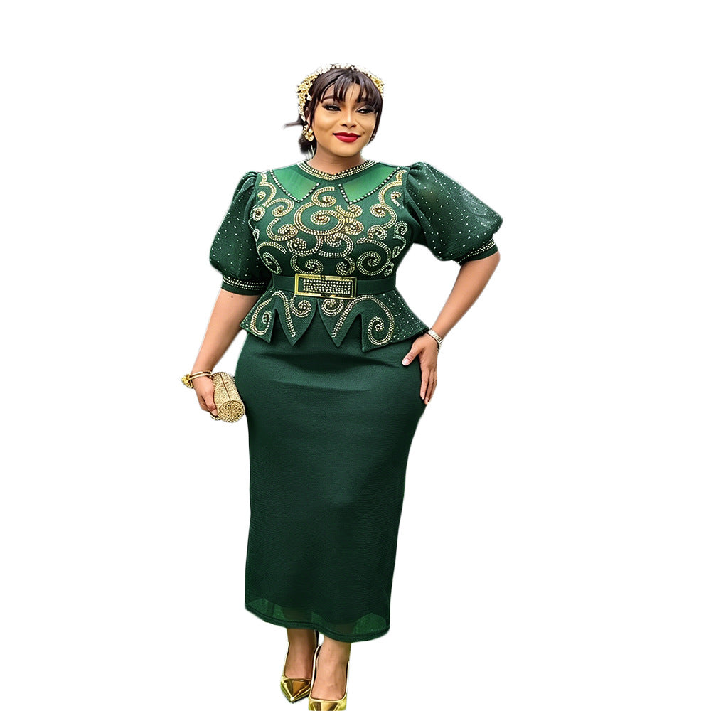 African cross-border hot seller: fashionable and chic rhinestone-embellished puff sleeve high-waisted bodycon dress - plus size women's ready-to-ship dress