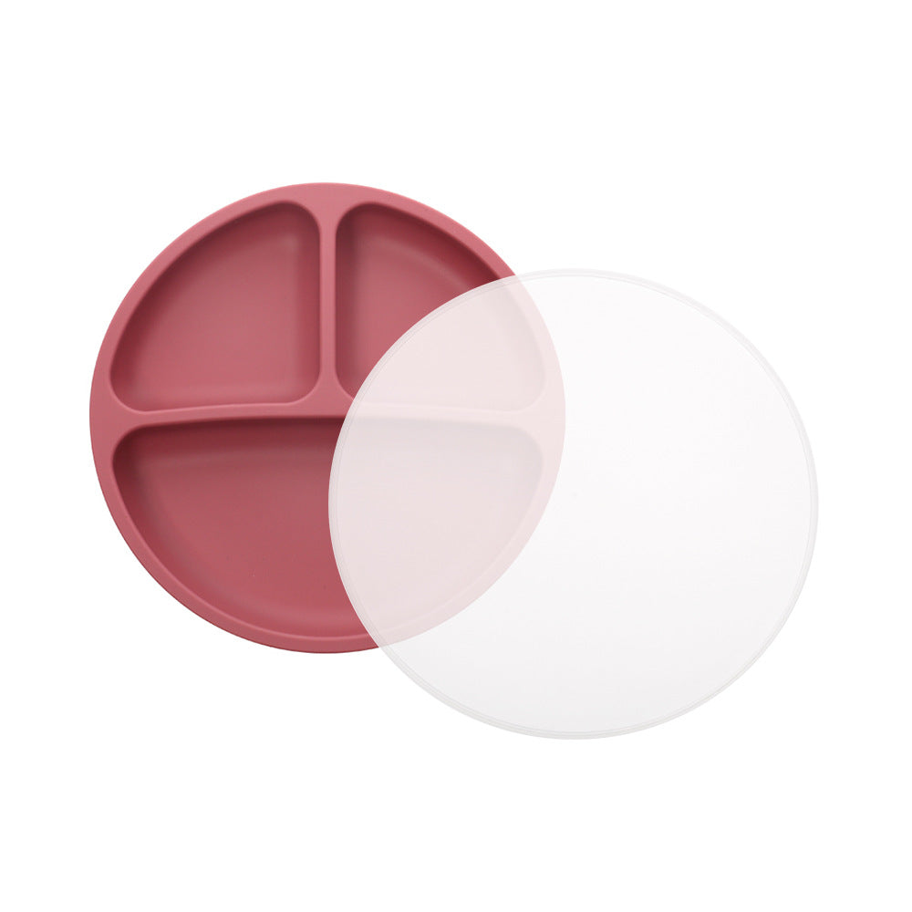 Children's silicone round three-grid plate with PP lid tableware set Baby feeding complementary food plate with small suction cup