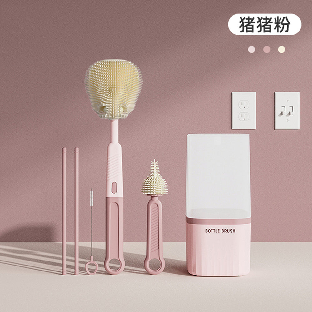 Multifunctional straight-handle silicone bottle brush set - portable nipple brush, baby bottle brush, water bottle brush, and cup cleaning brush set
